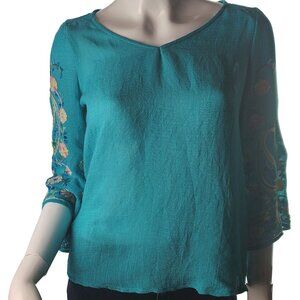 Fig & Flower Embroidered Sleeve Teal Blouse PS - 55% Rayon 45% Polyester - Boho